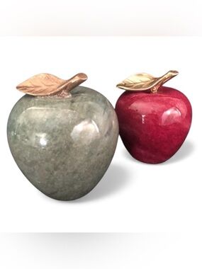 Vintage Stone Marble Alabaster Apples Paperweights with Brass Leaves